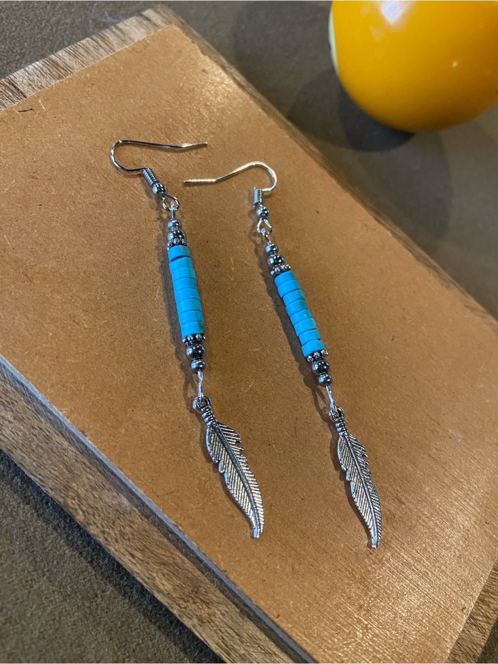 Turquoise Bead Feather Drop Earrings